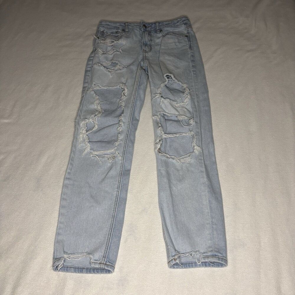 American Eagle Mom Jeans Women 4 Light Blue Distressed Ripped High Rise